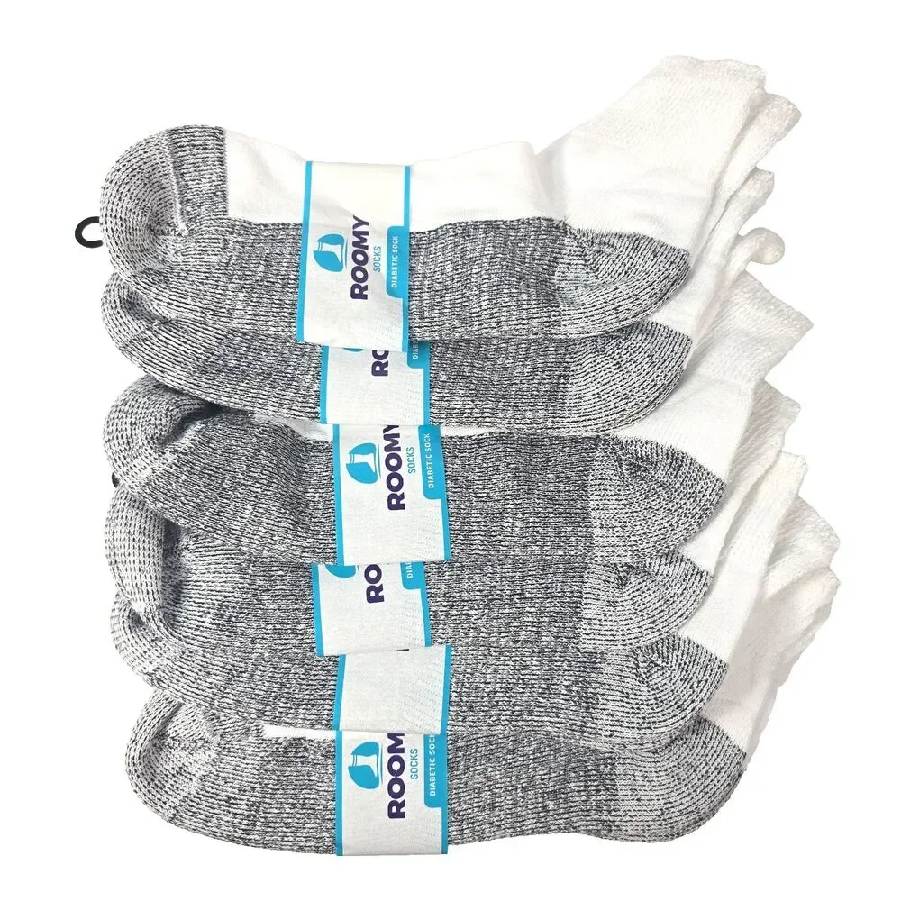 Roomy Diabetic Socks White Gray Quarter Ankle 13-16 Made in USA Lot of 6